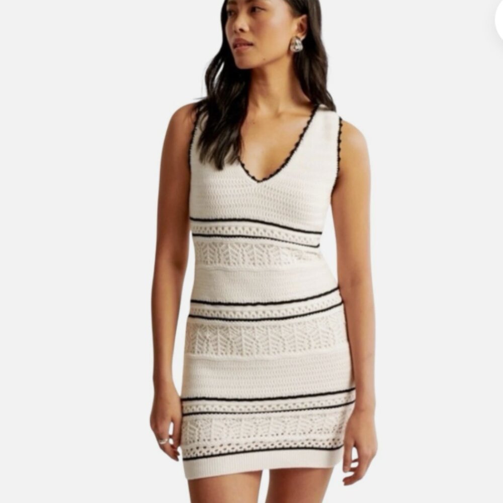 Abercrombie & Fitch Crochet-Style V-Neck White and Black Mini Dress